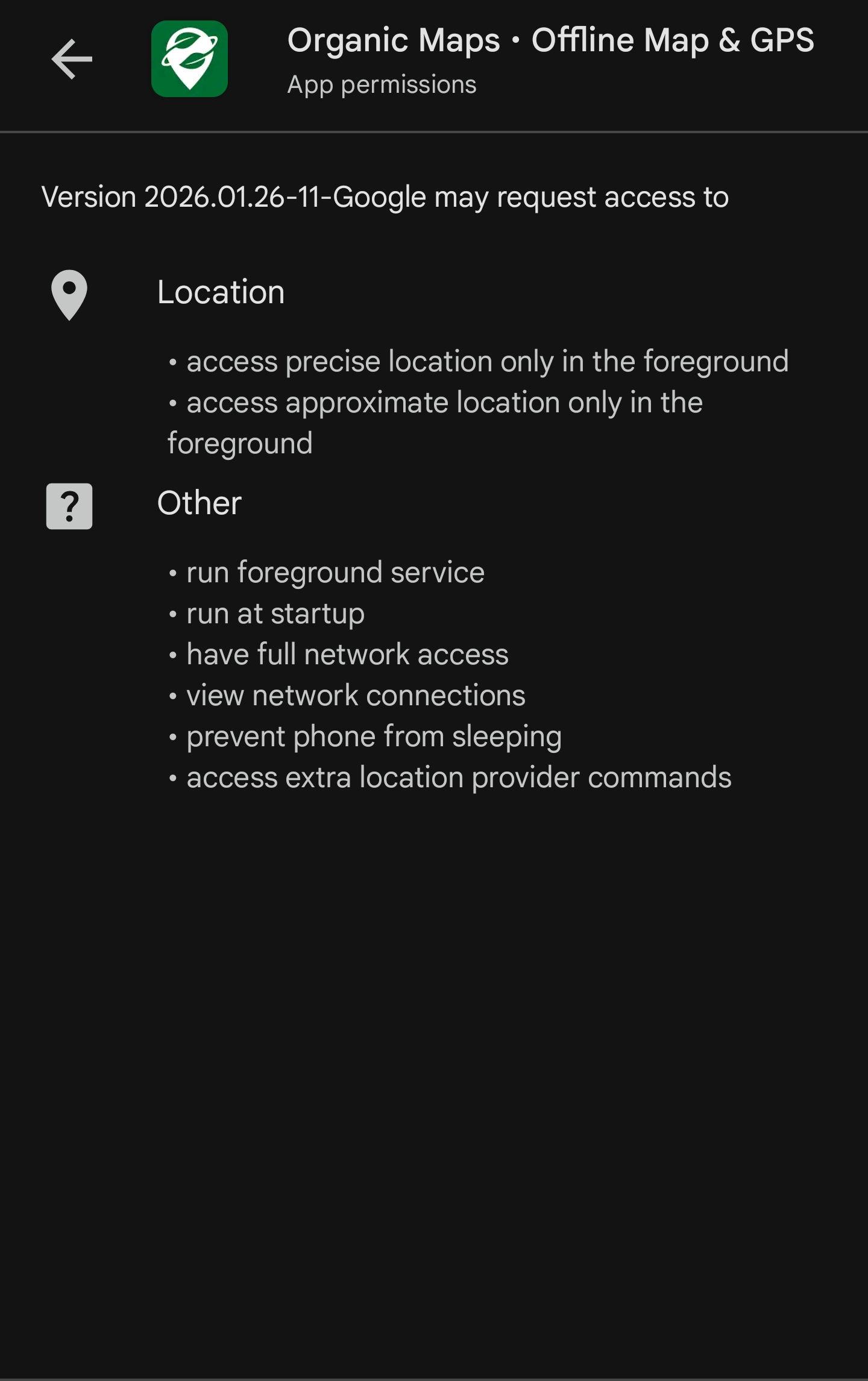 Permissions requested by the Organic Maps app